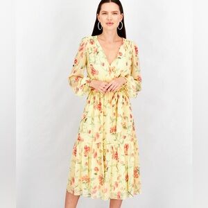 Lauren by Ralph Lauren
Women Long Sleeve Floral Belted Midi Dress, Yellow Combo